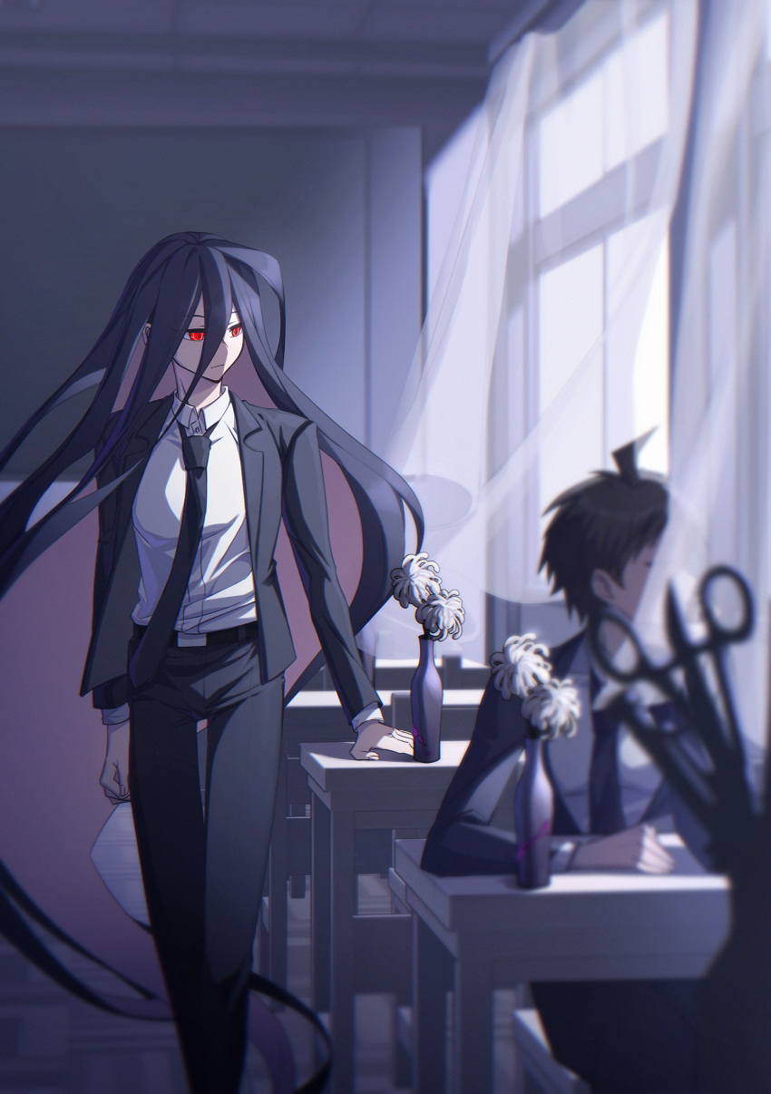 2boys ahoge bangs black_hair black_jacket black_neckwear black_pants brown_hair chair classroom collared_shirt curtains danganronpa_(series) danganronpa_3_(anime) desk feet_out_of_frame flower formal hair_between_eyes highres hinata_hajime indoors jacket kamukura_izuru long_hair long_sleeves looking_to_the_side male_focus multiple_boys necktie official_alternate_costume open_clothes open_jacket pants red_eyes school_desk shirt short_hair sitting white_flower white_shirt ziling