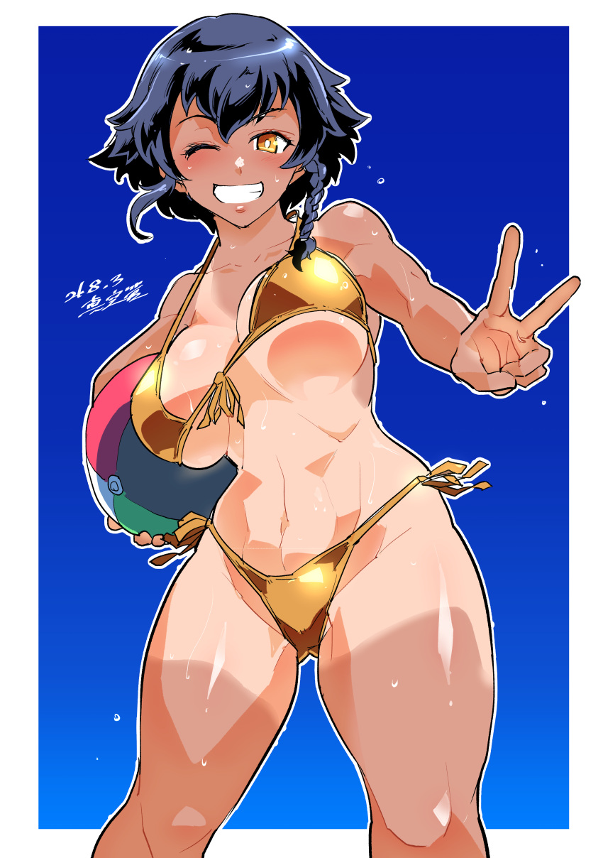 1girl ;) abs absurdres artist_name ball bangs beachball bikini black_hair blue_background border braid breasts commentary_request dated front-tie_bikini front-tie_top girls_und_panzer gold_bikini gold_swimsuit gradient gradient_background grin highres holding holding_ball large_breasts looking_at_viewer navel one_eye_closed orange_eyes outline outside_border partial_commentary pepperoni_(girls_und_panzer) shinkuukan_(tetsuo3) shiny shiny_clothes shiny_swimsuit short_hair side-tie_bikini side_braid signature smile solo standing string_bikini sweat swimsuit tan tanlines thighs v white_border white_outline