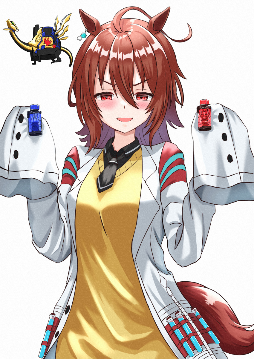 1girl absurdres agnes_tachyon_(umamusume) ahoge animal_ears black_neckwear black_shirt blush bottle breasts brown_hair coat commentary_request highres holding holding_bottle horse_ears horse_girl horse_tail kagaya_523 labcoat looking_at_viewer medium_breasts necktie open_mouth red_eyes shirt short_necktie sleeves_past_wrists smile solo tail test_tube umamusume upper_body vest white_background white_coat yellow_vest