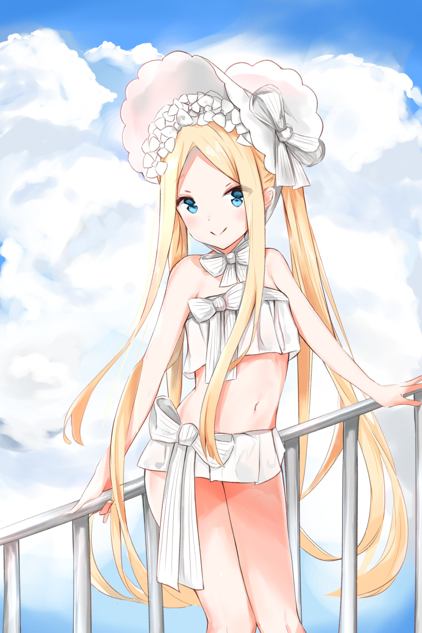 1girl abigail_williams_(fate) abigail_williams_(swimsuit_foreigner)_(fate) absurdres bangs bare_arms bare_shoulders bikini blonde_hair blue_eyes blue_sky bonnet bow closed_mouth cloud cloudy_sky commentary_request day eyebrows_visible_through_hair eyes_visible_through_hair fate/grand_order fate_(series) forehead hair_bow highres long_hair navel outdoors parted_bangs railing sky smile solo swimsuit very_long_hair white_bikini white_bow white_headwear yukaa