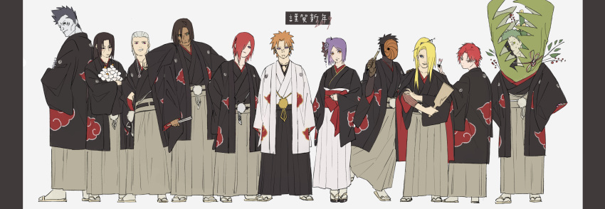 1girl 2019 6+boys akatsuki_(naruto) bamboo black_hair blonde_hair blue_hair deidara_(naruto) grey_hair hair_ornament hakama hakama_pants hand_fan haori hidan_(naruto) highres hoshigaki_kisame japanese_clothes kakuzu_(naruto) kimono konan_(naruto) long_hair mask mochi multiple_boys nagato_(naruto) naruto naruto_(series) new_year orange_hair pain_(naruto) pants purple_hair red_hair sandals sasori_(naruto) short_hair tobi_(naruto) uchiha_itachi user_fruf7385 white_background yahiko_(naruto) zetsu_(naruto)