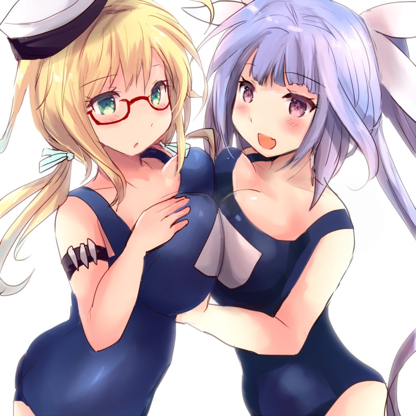 2girls blue_hair breast_press breasts cowboy_shot flower-shaped_pupils glasses hair_ribbon hat highres hirune_(konekonelkk) i-19_(kancolle) i-8_(kancolle) kantai_collection large_breasts long_hair low_twintails multiple_girls name_tag one-piece_swimsuit peaked_cap red-framed_eyewear red_eyes ribbon sailor_hat school_swimsuit semi-rimless_eyewear simple_background swimsuit symbol-shaped_pupils tri_tails twintails under-rim_eyewear white_background