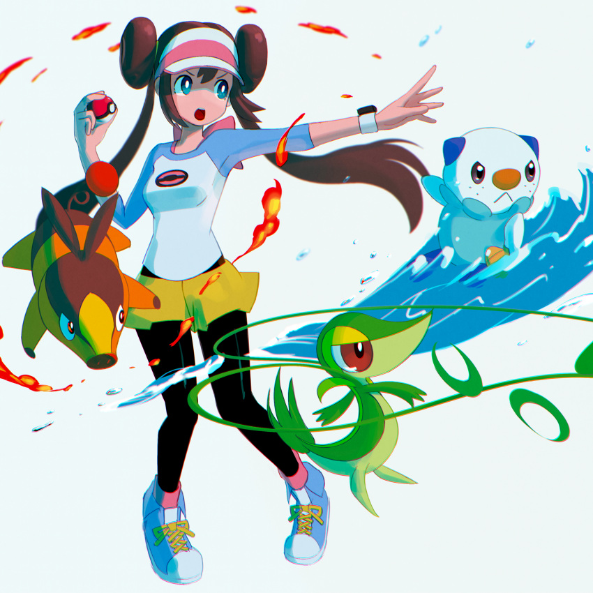 1girl absurdres bangs black_legwear bow breasts brown_hair commentary double_bun fire floating_hair gen_5_pokemon hand_up highres holding holding_poke_ball legwear_under_shorts long_hair open_mouth oshawott outstretched_arm pantyhose pink_bow plant poke_ball poke_ball_(basic) pokemon pokemon_(creature) pokemon_(game) pokemon_bw2 raglan_sleeves rosa_(pokemon) shirt shoes short_shorts shorts sneakers snivy starter_pokemon_trio tepig tongue trinity_pizza twintails upper_teeth vines visor_cap water yellow_shorts