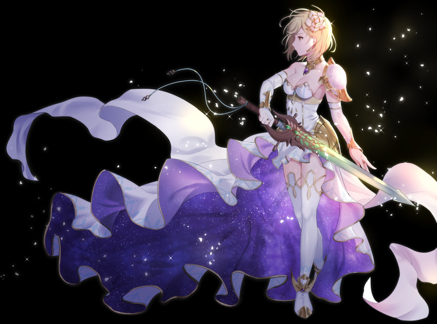 1girl absurdres armor bangs blonde_hair breasts djeeta_(granblue_fantasy) dress flower from_side granblue_fantasy hair_flower hair_ornament highres pauldrons rose short_hair shoulder_armor solo standing sword the_glory weapon white_armor white_dress white_flower white_rose yzumyy