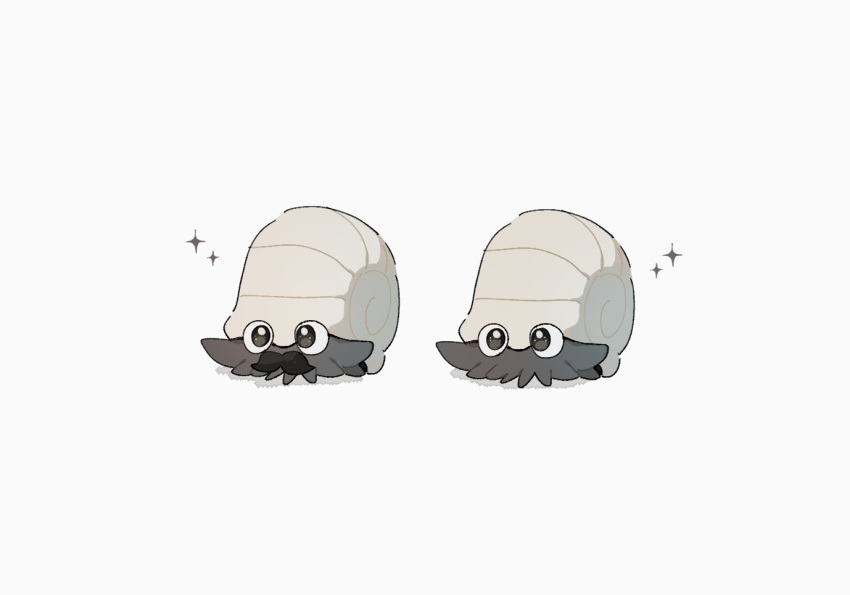 alternate_color commentary_request creature fake_facial_hair fake_mustache gen_1_pokemon grey_eyes multiple_views no_humans nodori710 omanyte pokemon pokemon_(creature) simple_background sparkle white_background