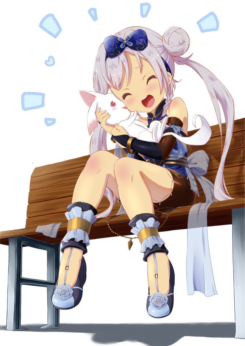 1girl 1other animal_hug bench bike_shorts black_footwear black_gloves black_shorts blue_tabard bow bridal_gauntlets closed_eyes commentary_request double_bun elbow_gloves full_body gloves hair_bow hair_bun hair_intakes headband heart highres hug kyubey legs licking licking_face long_hair magia_record:_mahou_shoujo_madoka_magica_gaiden mahou_shoujo_madoka_magica open_mouth shoes short_shorts shorts silver_hair simple_background sitting smile tabard thighs tongue twintails very_long_hair white_background yakumo_mikage yappariga