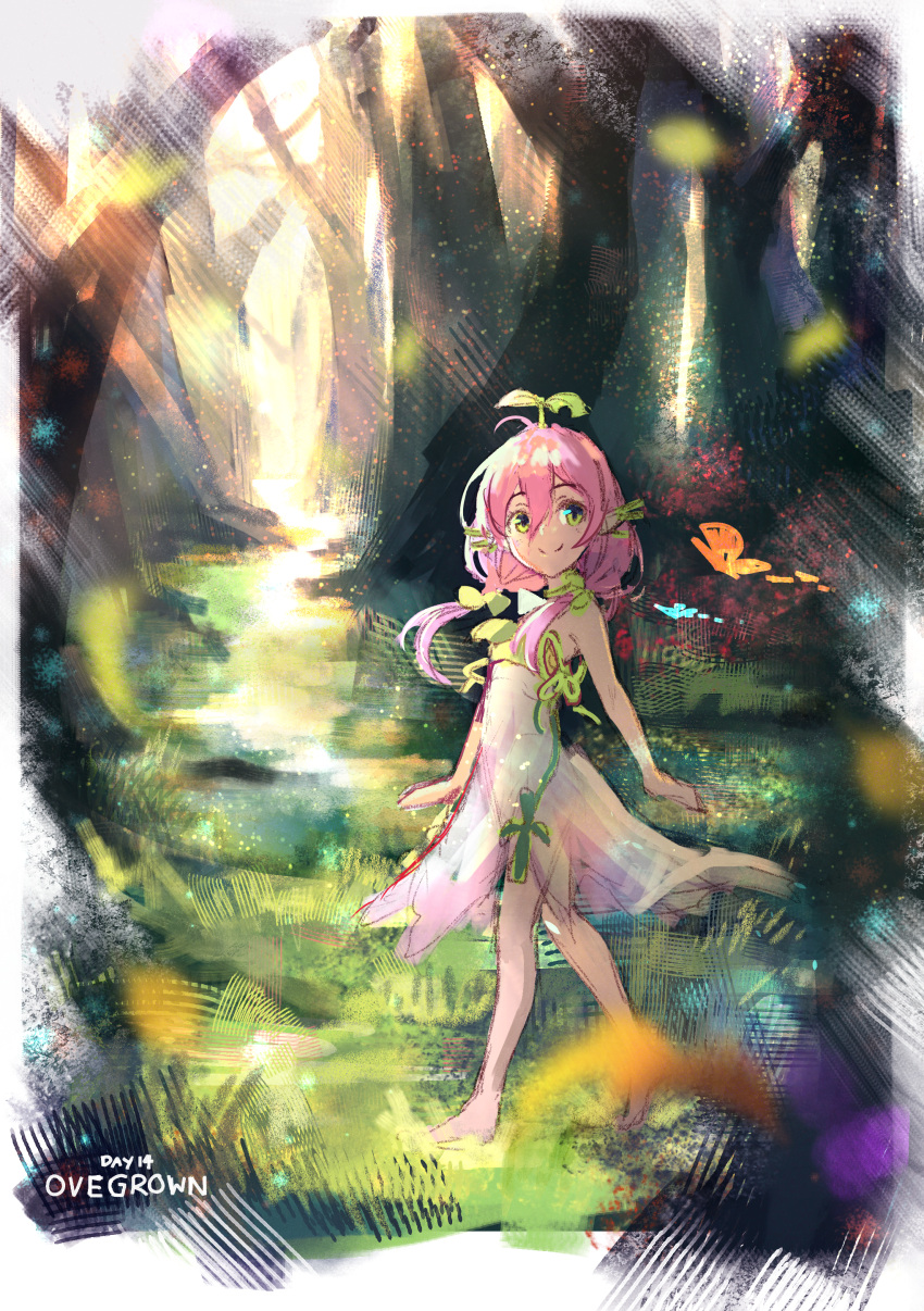 1girl absurdres bare_shoulders border closed_mouth commentary dress english_commentary forest highres huge_filesize long_hair looking_at_viewer nature pink_dress pink_hair plant_hair runemill shingeki_no_bahamut sketch smile solo standing walking white_border white_dress yggdrasil_(granblue_fantasy)