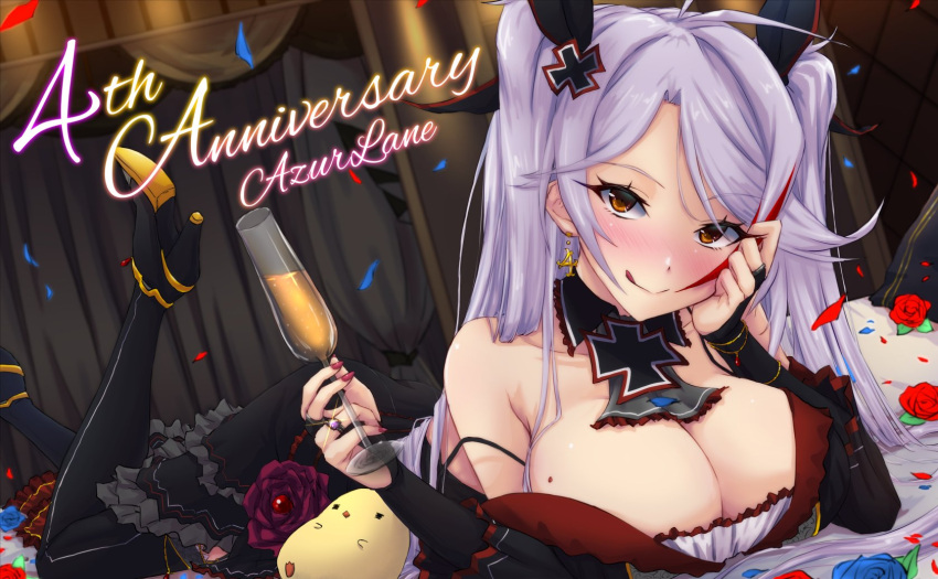 1girl :q alternate_costume azur_lane bare_shoulders black_collar black_dress black_ribbon blue_flower blue_rose blush breasts bridal_gauntlets champagne_flute collar cup detached_collar dress drinking_glass earrings flower frilled_dress frills hair_ribbon highres holding holding_cup indoors jewelry large_breasts light_purple_hair looking_at_viewer lying manjuu_(azur_lane) mole mole_on_breast multicolored_hair on_stomach petals prinz_eugen_(azur_lane) red_flower red_hair red_rose ribbon ring rose streaked_hair tongue tongue_out two-tone_hair waa!_okami