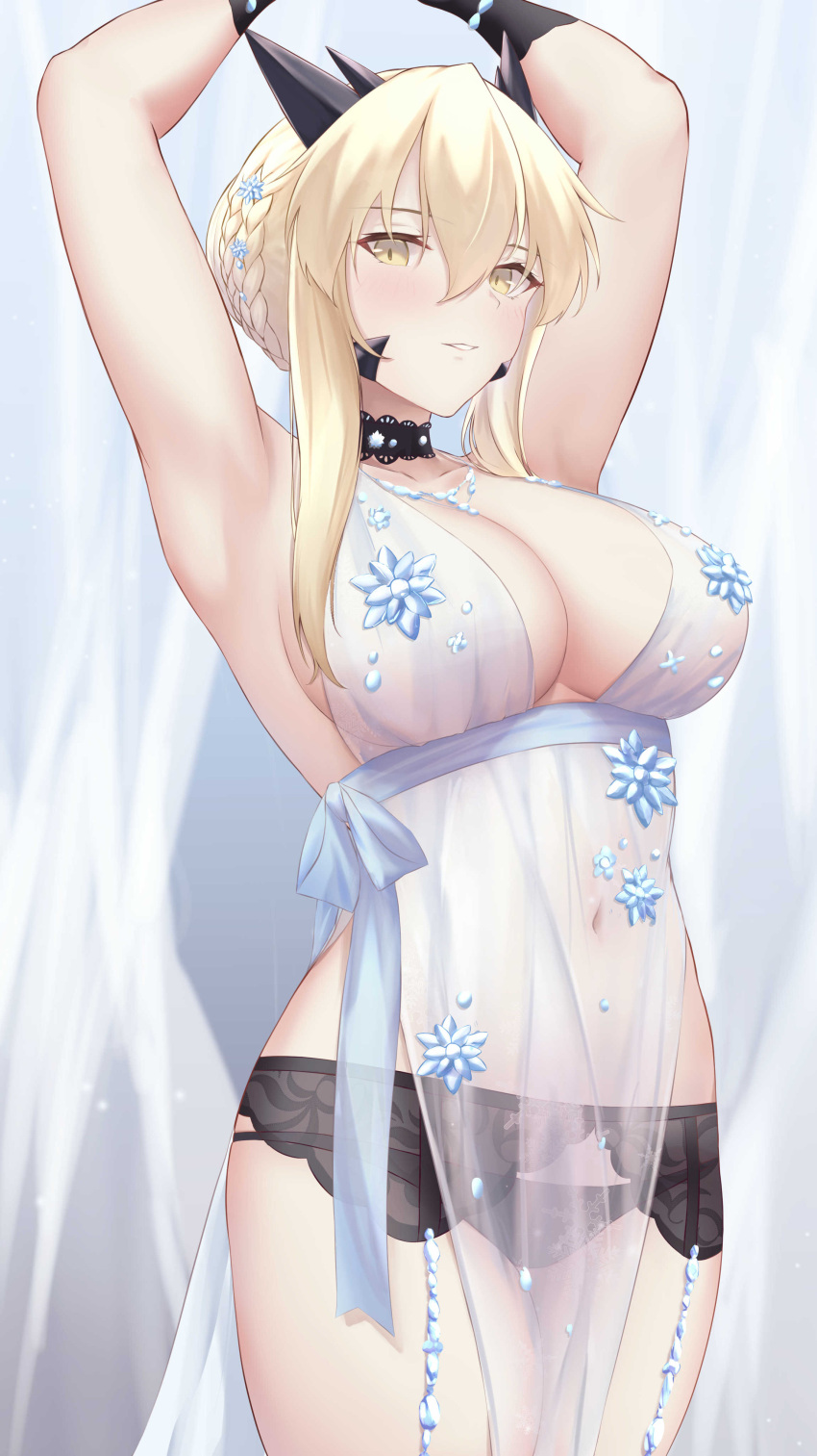 1girl absurdres armpits arms_behind_head arms_up artoria_pendragon_(fate) artoria_pendragon_(lancer_alter)_(fate) bare_shoulders black_gloves blonde_hair blue_babydoll braid breasts choker cleavage collarbone fate/grand_order fate_(series) french_braid garter_belt gloves hair_between_eyes highres horns jewelry large_breasts long_hair looking_at_viewer necklace okuma707 pelvic_curtain royal_icing see-through sidelocks snowflake_print thighs yellow_eyes