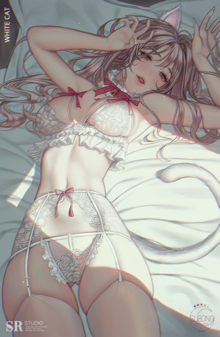 absurdres animal_ears breasts cat_ears cat_girl cat_tail garter_belt garter_straps garters hand_to_head highres lingerie lips lying navel on_back original skindentation smile subong tail thick_thighs thighhighs thighs underwear white_hair white_legwear