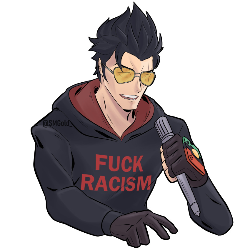 1boy absurdres black_hair closed_eyes commentary gloves highres hood jacket looking_at_viewer male_focus no_more_heroes no_more_heroes_3 open_mouth short_hair simple_background smgold smile solo sunglasses travis_touchdown white_background