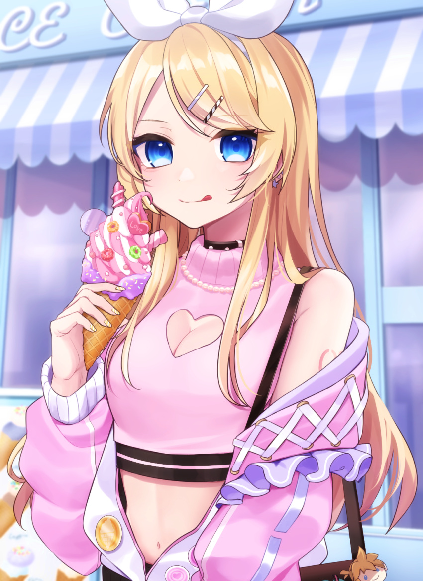 1girl :q badge bag bag_charm bangs bare_shoulders blonde_hair blue_eyes blush bow breasts button_badge casual charm_(object) cleavage cleavage_cutout closed_mouth clothing_cutout commentary crop_top day earrings food hair_bow hair_ornament hairclip highres holding holding_food ice_cream ice_cream_cone jacket jewelry kagamine_len kagamine_rin long_hair long_sleeves looking_at_viewer medium_breasts navel necklace off_shoulder open_clothes open_jacket outdoors pearl_necklace pink_jacket shoulder_bag smile soft_serve solo soramame_pikuto star_(symbol) star_earrings storefront swept_bangs tongue tongue_out upper_body vocaloid white_bow
