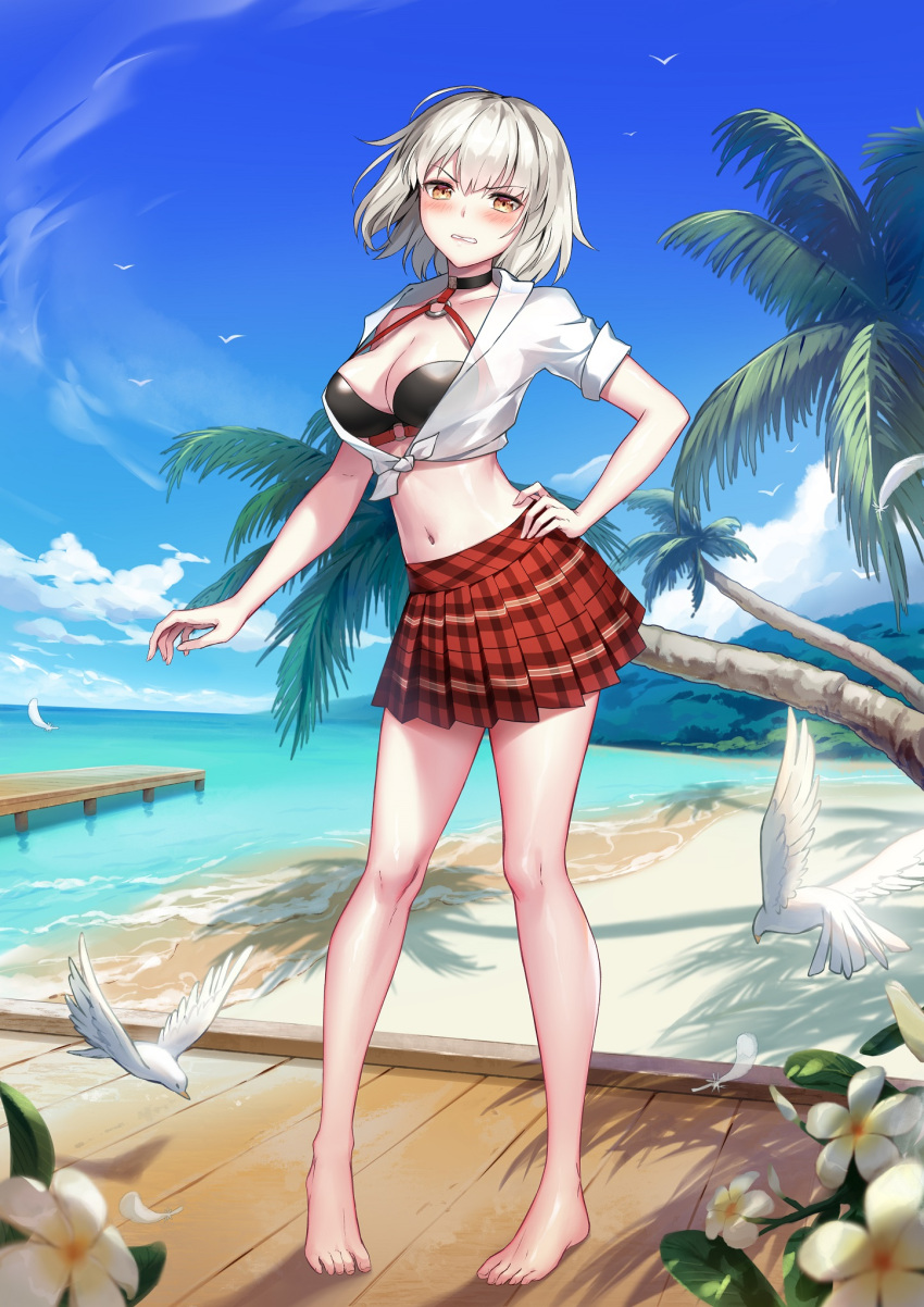 1girl alternate_costume barefoot beach bikini bird black_bikini blush boardwalk breasts cleavage clenched_teeth contrapposto dock embarrassed fate/grand_order fate_(series) feathers flower forest hand_on_hip highres jeanne_d'arc_(alter)_(fate) jeanne_d'arc_(alter_swimsuit_berserker)_(fate) jeanne_d'arc_(fate)_(all) nature navel ocean open_clothes open_shirt pajaaa18 palm_tree plaid plaid_skirt shirt shore short_hair skirt solo strap_gap swimsuit swimsuit_under_clothes teeth thighs tied_shirt tree water white_shirt yellow_eyes
