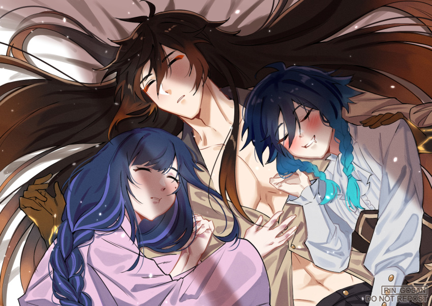 1girl 2boys androgynous artist_name bangs bed_sheet black_hair blue_hair blush braid brown_hair closed_eyes collared_shirt commentary corset english_commentary eyeliner frilled_sleeves frills genshin_impact gradient_hair long_hair long_sleeves lying makeup mole mole_under_eye multicolored_hair multiple_boys on_back on_side open_mouth orange_hair parted_lips purple_hair raiden_shogun rin_(rin_gosan) shirt short_hair_with_long_locks sidelocks sleeping smile toned toned_male twin_braids venti_(genshin_impact) white_shirt wide_sleeves zhongli_(genshin_impact)