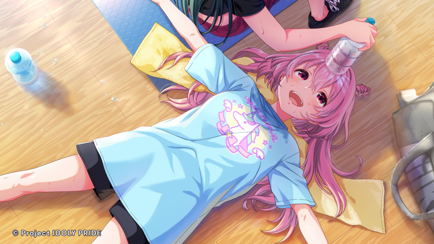 2girls akazaki_kokoro bag bottle bottle_on_head dripping floor from_above green_hair highres holding holding_bottle idoly_pride lying messy_hair multiple_girls official_art on_back outstretched_arms oversized_clothes oversized_shirt pink_hair red_eyes shirt shorts spread_arms sweat sweaty_clothes towel water water_bottle wooden_floor yellow_towel