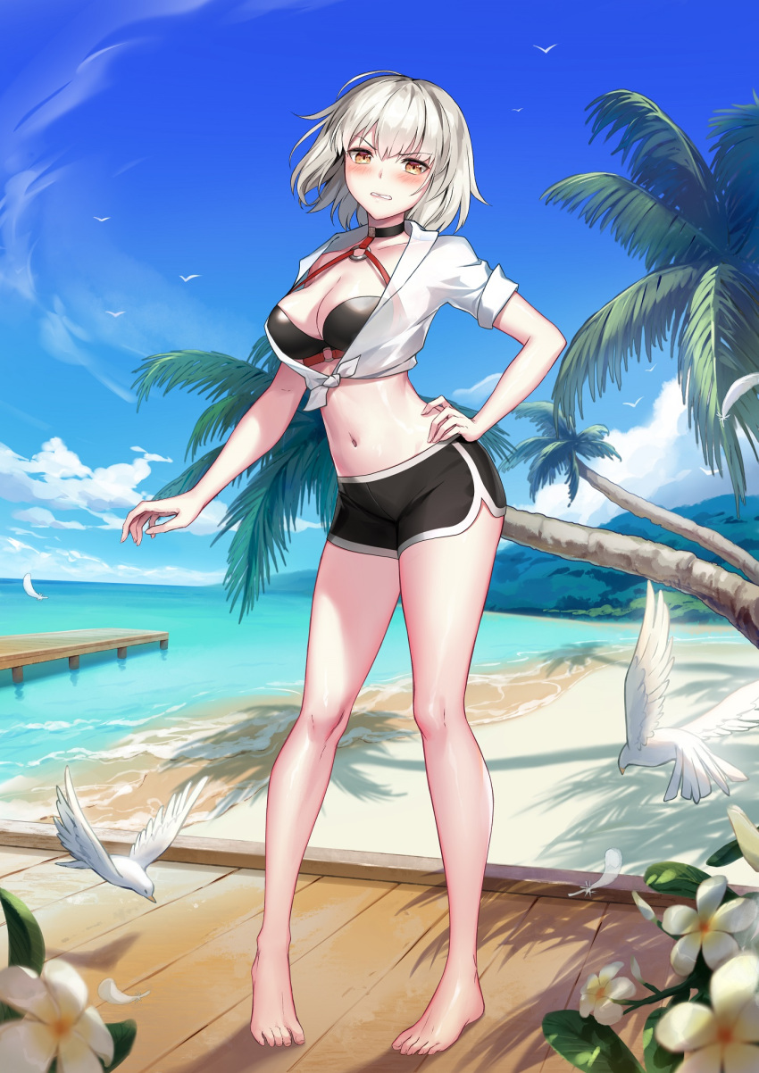 1girl alternate_costume barefoot beach bikini bird black_bikini black_shorts blonde_hair blush boardwalk breasts cleavage clenched_teeth contrapposto dock dolphin_shorts embarrassed fate/grand_order fate_(series) feathers flower forest hand_on_hip highres jeanne_d'arc_(alter)_(fate) jeanne_d'arc_(alter_swimsuit_berserker)_(fate) jeanne_d'arc_(fate)_(all) nature navel ocean open_clothes open_shirt pajaaa18 palm_tree shirt shore short_hair shorts skirt solo strap_gap swimsuit swimsuit_under_clothes teeth thighs tied_shirt tree water white_shirt yellow_eyes