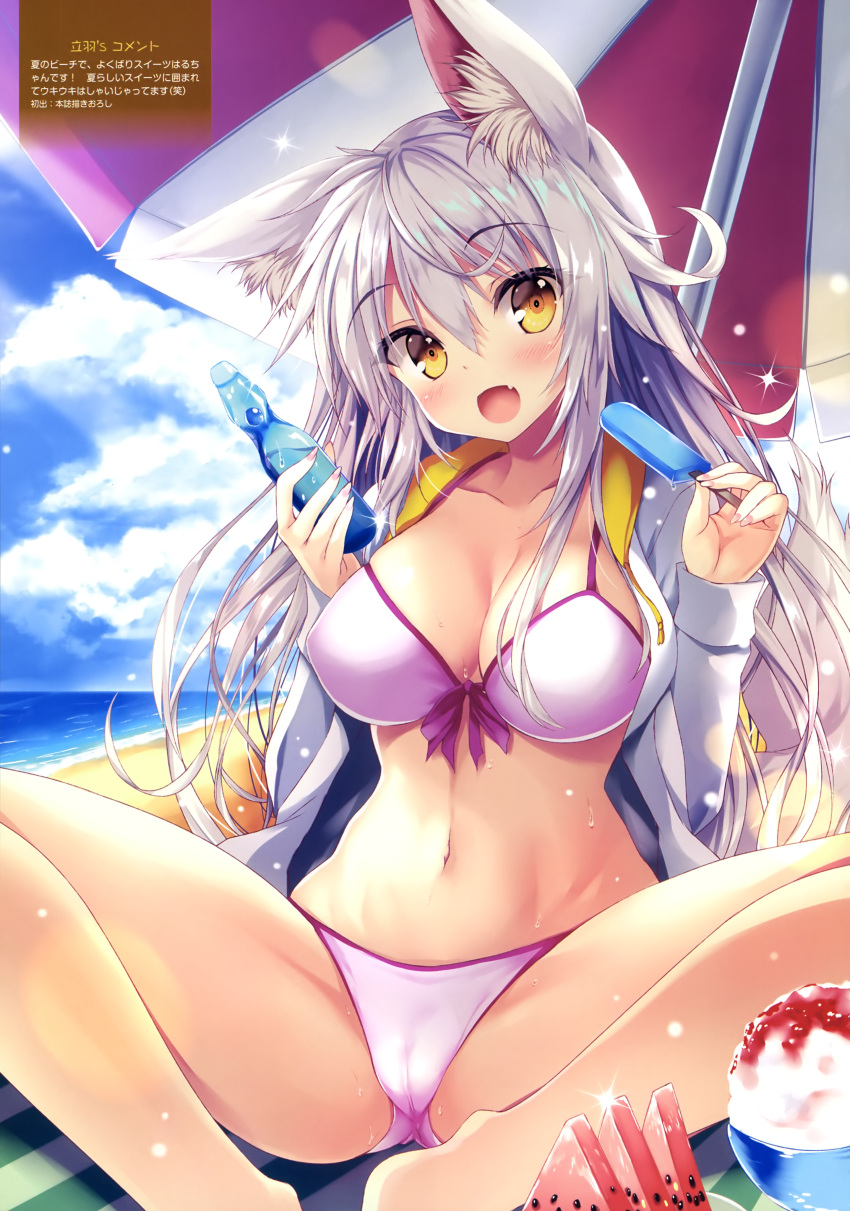 animal_ears bikini cameltoe cleavage kitsune swimsuits tail tateha umbrella