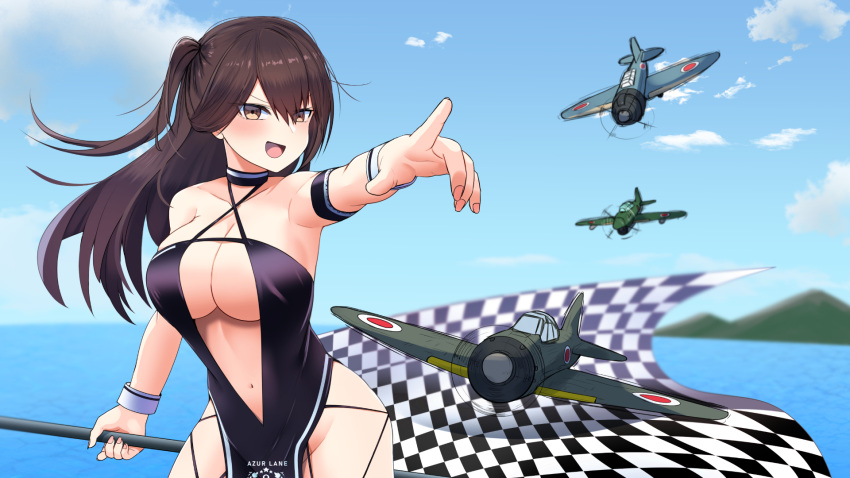 1girl :d a6m_zero akaoni_(zumt3548) arm_strap azur_lane b6n_tenzan bangs bare_shoulders blue_sky blush breasts brown_eyes brown_hair center_opening checkered checkered_flag cleavage clothing_cutout cloud collarbone commentary_request commission cowboy_shot criss-cross_halter day english_commentary eyebrows_visible_through_hair flag groin hair_between_eyes halterneck high_ponytail highres holding holding_flag large_breasts long_hair mixed-language_commentary mountainous_horizon navel navel_cutout ocean one_side_up open_mouth outdoors pelvic_curtain pixiv_request pointing psd_available race_queen sidelocks sky smile solo standing very_long_hair wrist_cuffs zuikaku_(azur_lane) zuikaku_(the_wind's_true_name)_(azur_lane)
