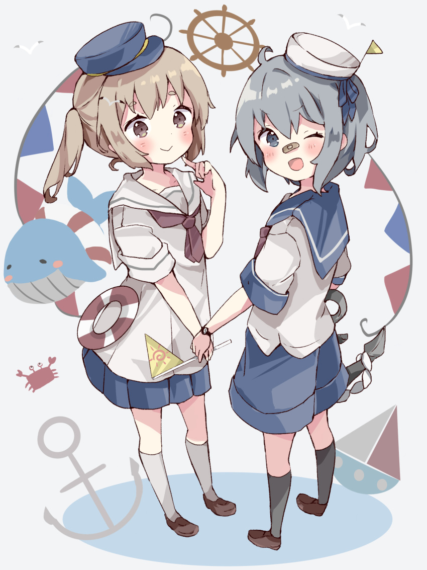 2girls ;d anchor bandaid bandaid_on_nose bangs blue_headwear blue_sailor_collar blue_shorts blue_skirt blush brown_eyes brown_hair brown_neckwear commentary eyebrows_visible_through_hair grey_background grey_eyes grey_hair hair_between_eyes hat highres holding looking_at_viewer looking_to_the_side multiple_girls neckerchief one_eye_closed open_mouth original peaked_cap pleated_skirt sailor_collar sailor_hat ship's_wheel shirt short_eyebrows short_shorts shorts skirt smile standing symbol-only_commentary thick_eyebrows tsukiyo_(skymint) twintails watch white_headwear white_sailor_collar white_shirt wristwatch
