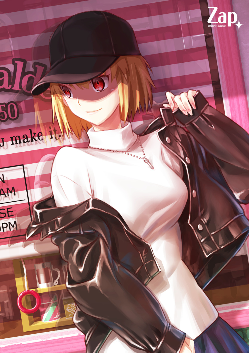 1girl arcueid_brunestud artist_name baseball_cap black_headwear black_jacket blonde_hair blue_skirt breasts casual closed_mouth commentary_request fingernails hat highres jacket jewelry lips long_sleeves looking_away looking_to_the_side medium_breasts nail_polish necktie open_clothes open_jacket outdoors pink_nails red_eyes removing_jacket shadow short_hair skirt smile solo sweater tsukihime tsukihime_(remake) turtleneck turtleneck_sweater twitter_username upper_body vampire white_sweater zap