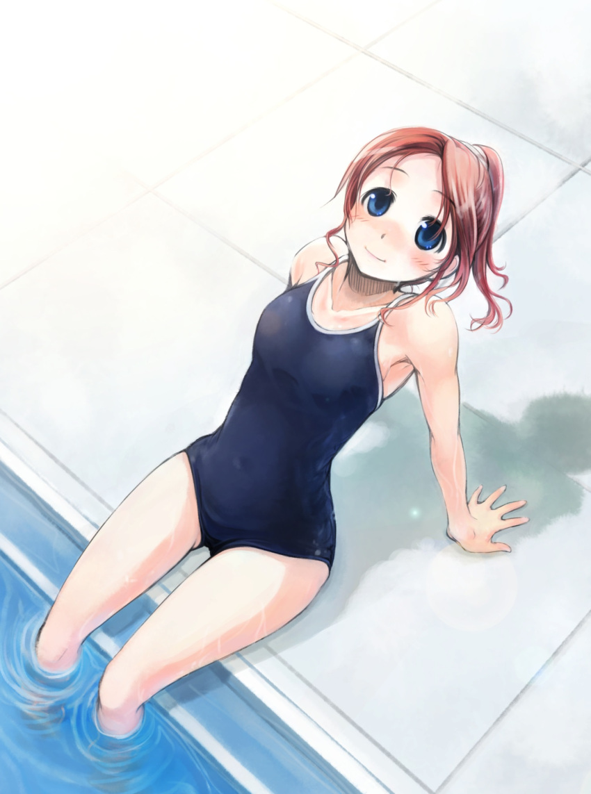 1girl arm_support bare_shoulders blue_eyes blue_swimsuit blush brown_hair closed_mouth collarbone commentary_request competition_school_swimsuit from_above highres ikeda_jun_(mizutamari) leaning_back looking_at_viewer looking_up medium_hair one-piece_swimsuit original ponytail pool poolside school_swimsuit shadow short_hair sitting smile soaking_feet solo swimsuit water wet