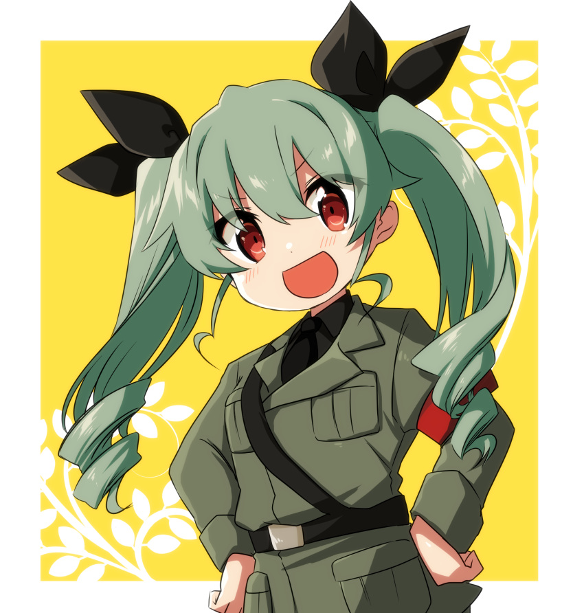 1girl :d aka_muffler_yamato anchovy_(girls_und_panzer) anzio_military_uniform bangs belt black_belt black_neckwear black_ribbon black_shirt border brown_eyes commentary dress_shirt drill_hair eyebrows_visible_through_hair girls_und_panzer green_hair grey_jacket hair_ribbon hands_on_hips highres jacket long_hair long_sleeves looking_at_viewer military military_uniform necktie open_mouth outside_border red_eyes ribbon sam_browne_belt shirt smile standing twin_drills twintails uniform white_border wing_collar yellow_background