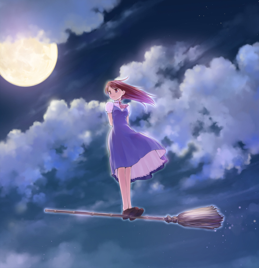 1girl arms_behind_back ascot bangs black_footwear blue_dress brooch broom broom_riding brown_hair closed_mouth cloud cloudy_sky commentary_request dress flying full_moon high_collar highres ikeda_jun_(mizutamari) jewelry long_hair looking_to_the_side medium_dress moon night night_sky no_socks original outdoors puffy_short_sleeves puffy_sleeves red_neckwear redrawn shoes short_sleeves sky smile solo standing star_(sky) starry_sky wind