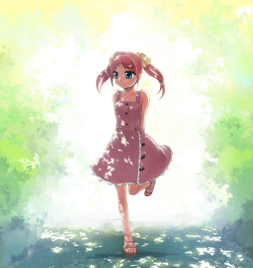 1girl backlighting bangs blue_eyes brown_footwear closed_mouth commentary dappled_sunlight day dress hair_ribbon hairband highres ikeda_jun_(mizutamari) leg_up looking_to_the_side medium_dress medium_hair original outdoors pink_dress pink_hairband redrawn ribbon sandals sleeveless sleeveless_dress smile solo standing standing_on_one_leg sunlight yellow_ribbon