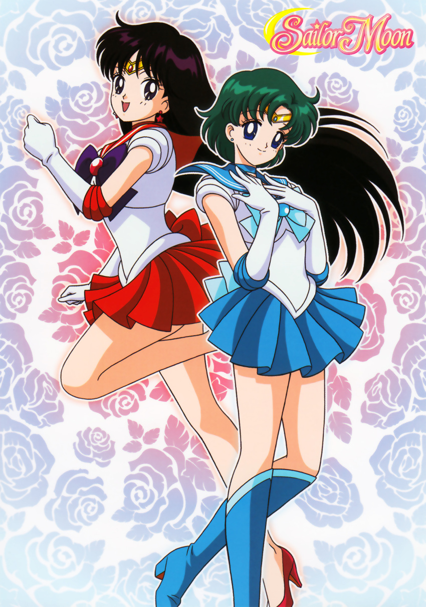 2girls :d bangs bishoujo_senshi_sailor_moon black_hair blue_bow blue_choker blue_eyes blue_footwear blue_sailor_collar blue_skirt boots bow choker circlet closed_mouth copyright_name earrings elbow_gloves floating_hair floral_background gloves green_hair hands_up high_heels highres hino_rei jewelry leg_up legs logo long_hair looking_at_viewer magical_girl marco_albiero miniskirt mizuno_ami multiple_girls official_art open_mouth parted_bangs pleated_skirt purple_bow red_choker red_footwear red_sailor_collar red_skirt rose_background sailor_collar sailor_mars sailor_mercury sailor_senshi_uniform short_hair skirt smile standing star_(symbol) star_earrings thigh_boots thighhighs white_gloves
