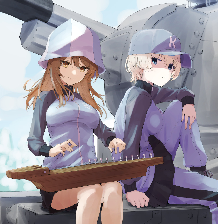 2girls absurdres ankle_boots arm_on_knee bangs baseball_cap blue_eyes blue_footwear blue_headwear blue_jacket blue_pants blue_skirt boots brown_eyes brown_hair bt-42 closed_mouth commentary day frown girls_und_panzer ground_vehicle hat highres holding holding_instrument hore_(user_frns7872) instrument jacket kantele keizoku_military_uniform knee_up long_hair long_sleeves looking_at_viewer mika_(girls_und_panzer) military military_uniform military_vehicle miniskirt motor_vehicle multiple_girls music on_vehicle outdoors pants pants_under_skirt playing_instrument pleated_skirt raglan_sleeves short_hair side-by-side silver_hair single_vertical_stripe sitting skirt tank track_jacket track_pants tulip_hat uniform youko_(girls_und_panzer)