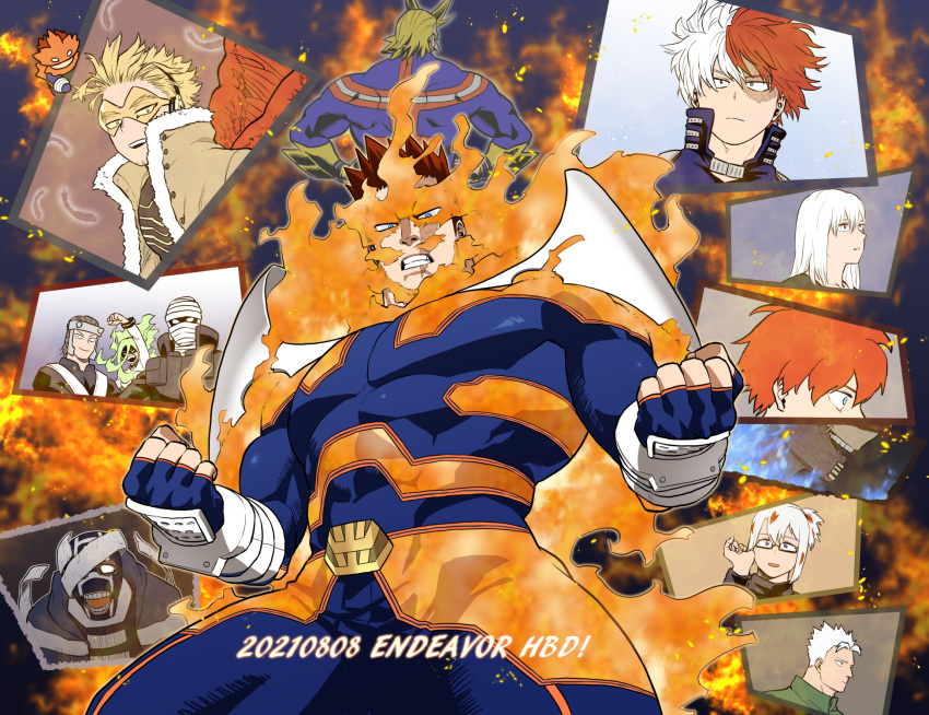 2boys all_might armor back bara beard blue_bodysuit blue_eyes bodysuit boku_no_hero_academia bulge character_request covered_abs covered_navel dated endeavor_(boku_no_hero_academia) facial_hair fighting_stance fingerless_gloves fire gloves happy_birthday hawks_(boku_no_hero_academia) highres large_pectorals legs_apart looking_at_viewer male_focus mature_male multiple_boys muscular muscular_male navel pain-lucky777 pauldrons pectorals photo_(object) scar scar_across_eye short_hair shoulder_armor solo_focus spiked_hair thick_thighs thighs todoroki_shouto