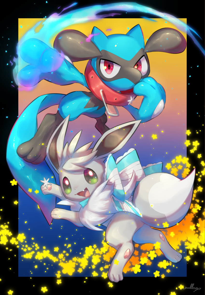 :d absurdres alternate_color black_border border collar commentary_request eevee energy fang gen_1_pokemon gen_4_pokemon green_eyes highres looking_at_viewer no_humans nullma open_mouth outstretched_arm pokemon pokemon_(creature) red_collar riolu shiny_pokemon signature smile tongue