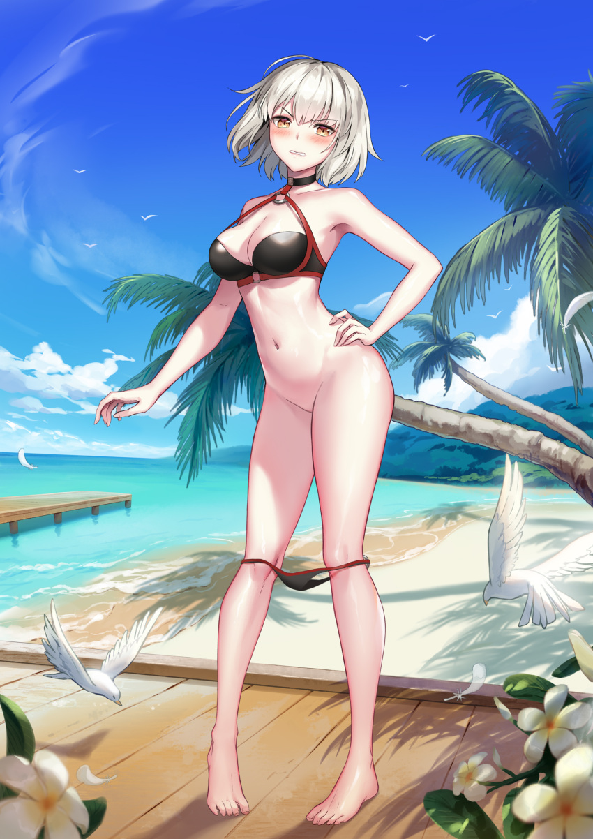 1991_(blz) 1girl beach bikini bikini_pull bird blonde_hair breasts cleavage clothes_pull contrapposto dutch_angle fate/grand_order fate_(series) flower forest groin hand_on_hip highres jeanne_d'arc_(alter)_(fate) jeanne_d'arc_(alter_swimsuit_berserker)_(fate) jeanne_d'arc_(fate)_(all) large_breasts nature navel ocean palm_tree sand short_hair solo strap_gap swimsuit tree yellow_eyes