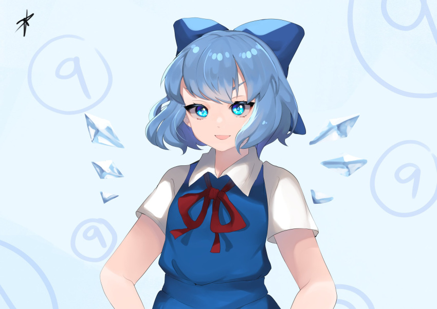 (9) 1girl :d bangs blue_bow blue_dress blue_eyes blue_hair bow breasts cirno detached_wings dress eyebrows_behind_hair gradient gradient_background hands_on_hips highres ice ice_wings light_blue_background looking_at_viewer majime_joe open_mouth pinafore_dress red_neckwear red_ribbon ribbon short_sleeves signature small_breasts smile solo touhou upper_body v-shaped_eyebrows wing_collar wings