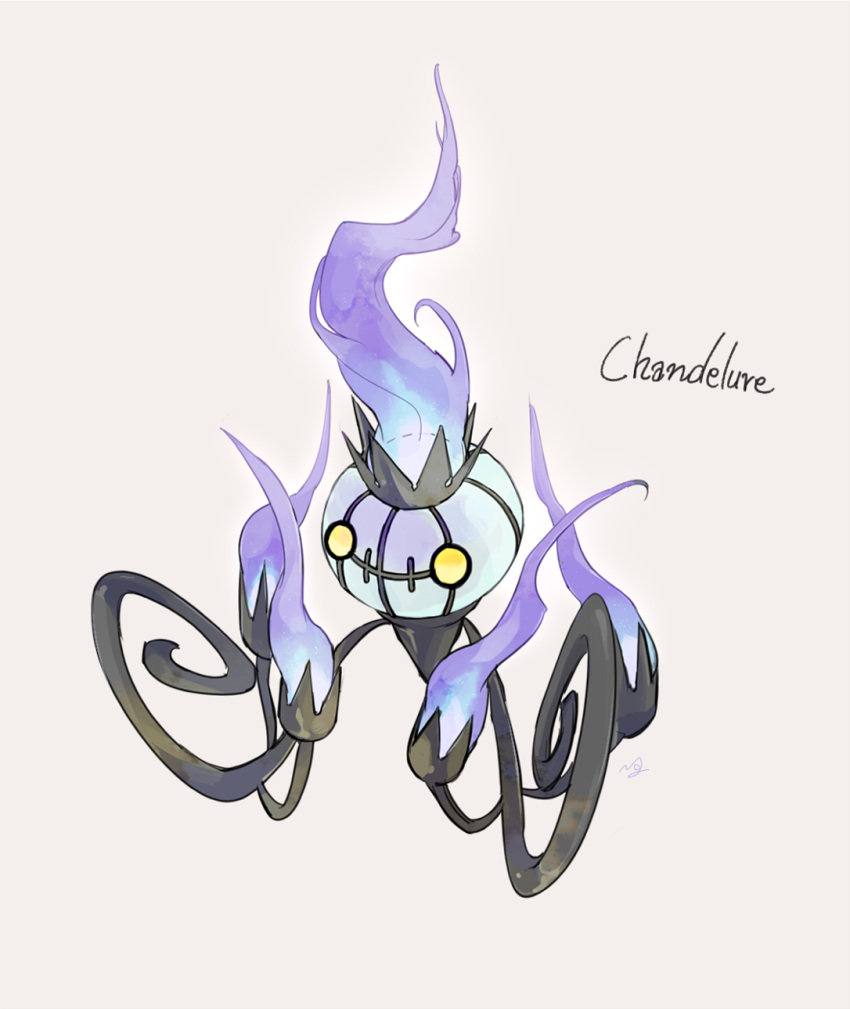 chandelier chandelure character_name commentary_request fire full_body gen_5_pokemon highres ngr_(nnn204204) no_humans pokemon pokemon_(creature) purple_fire simple_background solo white_background yellow_eyes