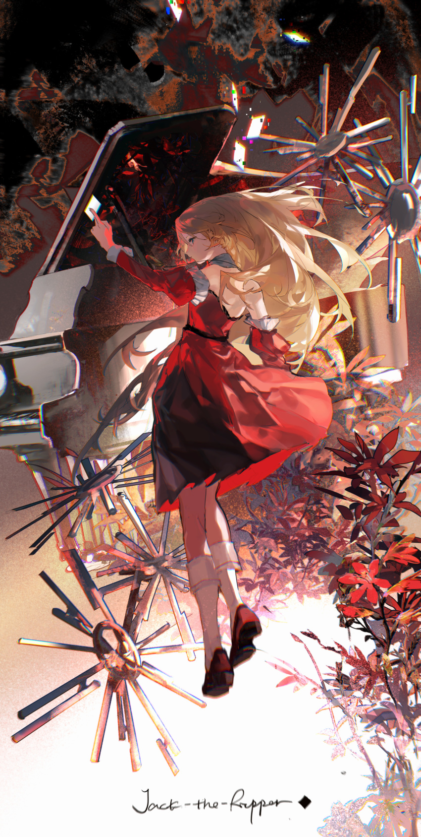 1girl absurdres arm_up between_fingers blonde_hair blue_eyes boots card detached_sleeves digital_dissolve dress english_text floating floating_hair from_behind full_body highres holding holding_card instrument lobelia_(saclia) long_hair looking_to_the_side original piano plant red_dress solo song_name wind