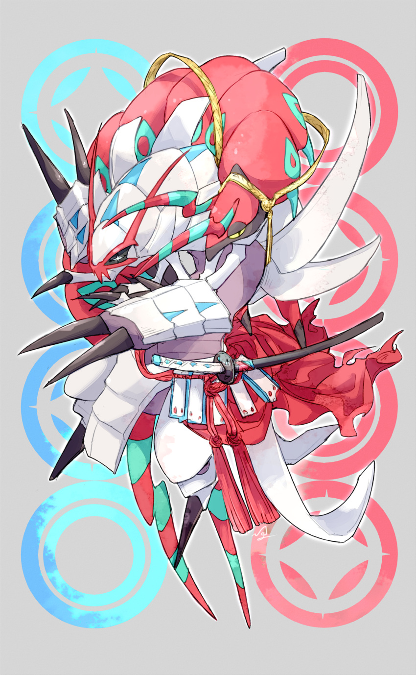 +_+ alternate_color black_eyes claws commentary_request gen_5_pokemon gen_7_pokemon golisopod grey_background half-closed_eyes highres ngr_(nnn204204) no_humans pokemon pokemon_(creature) scolipede sheath shiny_pokemon signature sword weapon white_eyes