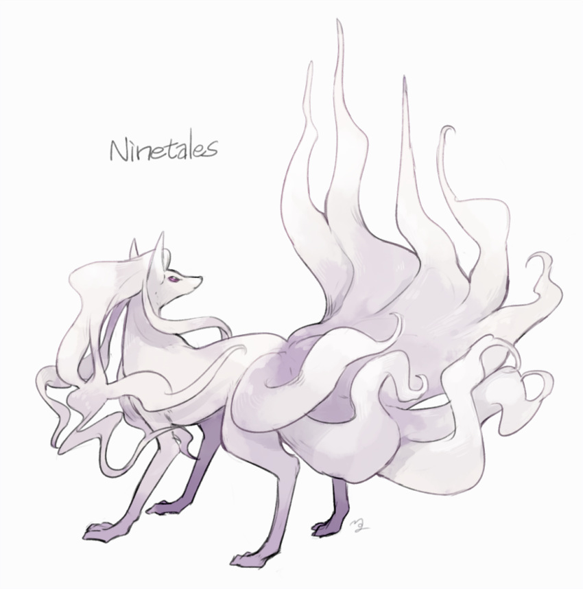 alternate_color character_name commentary_request full_body gen_1_pokemon looking_back ngr_(nnn204204) ninetales no_humans pokemon pokemon_(creature) purple_eyes signature simple_background solo standing toes white_background