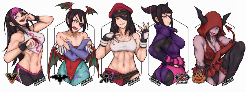 alternate_hairstyle animal_print ass bare_shoulders bat_print biceps biker_clothes bikesuit black_hair black_panties bodysuit breasts bridal_gauntlets cameltoe cleavage colored_skin cosplay crop_top demon_girl demon_tail drill_hair evil_smile eyepatch fake_horns fang flat_chest grey_skin han_juri hat head_tilt head_wings hershuar highres hood horned_headwear horns leotard lilith_aensland lilith_aensland_(cosplay) looking_at_viewer low_wings middle_finger multicolored_hair muscular muscular_female navel official_alternate_costume open_mouth panties pantyhose peaked_cap print_legwear red_headwear red_leotard smile stomach street_fighter street_fighter_v tail toned tongue tongue_out twin_drills two-tone_hair underwear upper_body vampire_(game) wings
