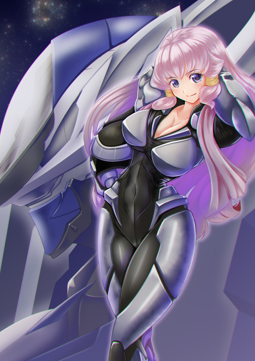 1girl akatsuki_senbei bangs bodysuit breasts cleavage commentary_request hair_tubes helmet highres holding holding_helmet kakumeiki_valvrave kakumeiki_valvrave:_undertaker large_breasts looking_at_viewer mecha outa_nao pilot_suit pink_hair purple_eyes shiny shiny_hair sidelocks smile valvrave_ii2 wavy_hair