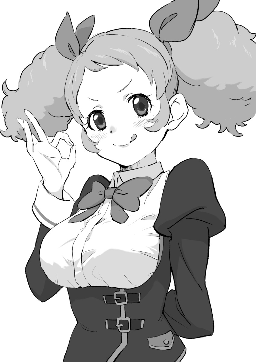 1girl :q aikatsu! aikatsu!_(series) arm_behind_back blush bow bowtie breasts greyscale hair_bow hand_up highres jacket juliet_sleeves large_breasts long_sleeves looking_at_viewer medium_hair monochrome ok_sign osame puffy_sleeves saegusa_kii shirt simple_background smile smug solo tongue tongue_out twintails upper_body white_background
