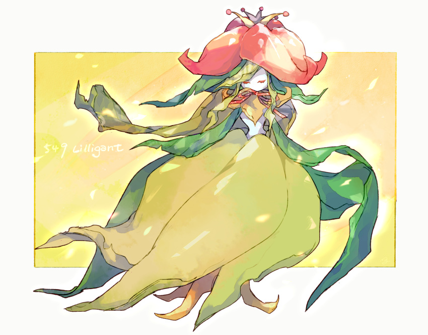 character_name closed_eyes colored_skin commentary_request eyelashes flower full_body gen_5_pokemon highres lilligant ngr_(nnn204204) no_humans orange_flower pokedex_number pokemon pokemon_(creature) standing white_skin