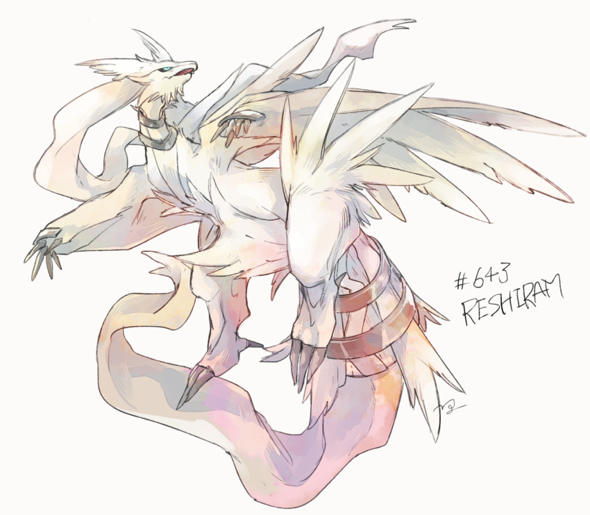 blue_eyes character_name claws commentary_request fangs full_body gen_5_pokemon highres legendary_pokemon looking_back ngr_(nnn204204) no_humans open_mouth pokedex_number pokemon pokemon_(creature) reshiram signature simple_background white_background