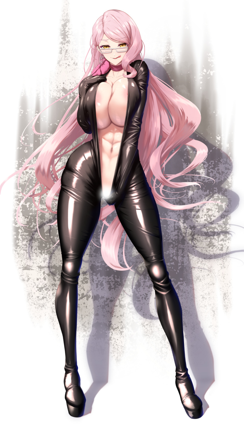 1girl :q areola_slip areolae bangs bodysuit breasts censored cleavage earrings eyebrows_visible_through_hair fate/grand_order fate_(series) full_body glasses highres jewelry koyanskaya_(fate) large_breasts long_hair looking_at_viewer navel open_bodysuit pink_hair shiroshisu smile solo tamamo_(fate) tongue tongue_out yellow_eyes