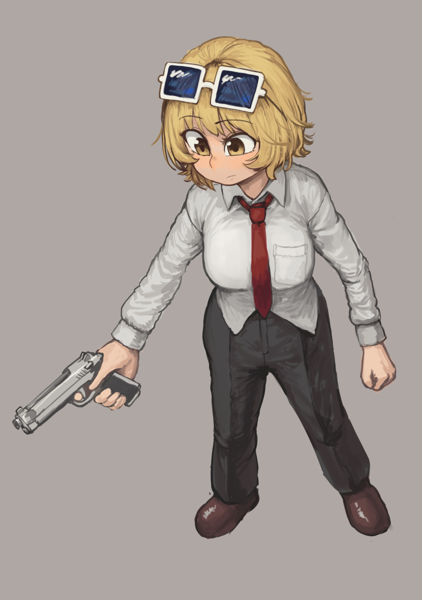 1girl absurdres black_pants blonde_hair breast_pocket brown_footwear chanta_(ayatakaoisii) collared_shirt expressionless eyebrows_visible_through_hair eyewear_on_head full_body grey_background gun highres holding holding_gun holding_weapon necktie original pants pocket red_neckwear shirt shoes short_hair simple_background solo standing weapon white-framed_eyewear white_shirt yellow_eyes