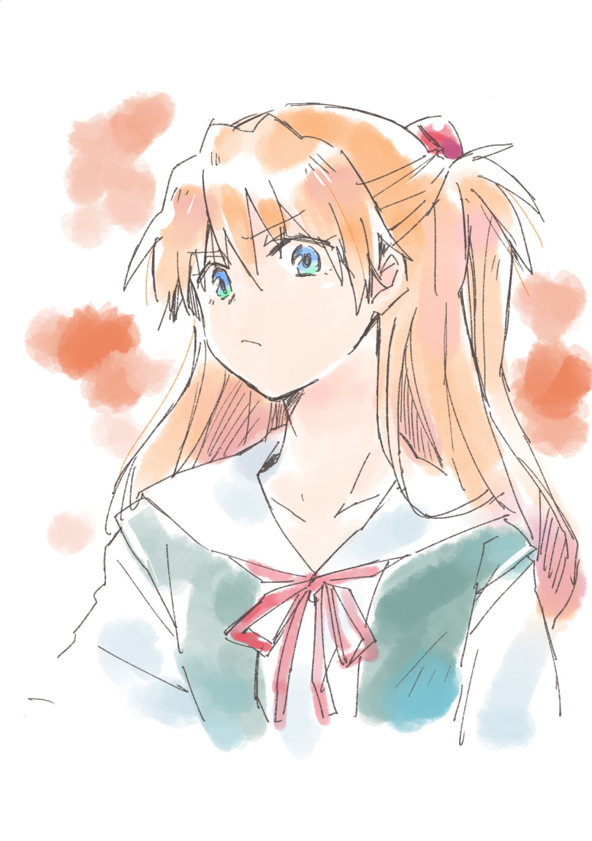 1girl :/ blue_eyes brown_hair cropped_arms cropped_torso hair_between_eyes highres interface_headset long_hair neck_ribbon neon_genesis_evangelion nori_senbei painterly red_ribbon ribbon school_uniform sketch solo souryuu_asuka_langley twintails white_background