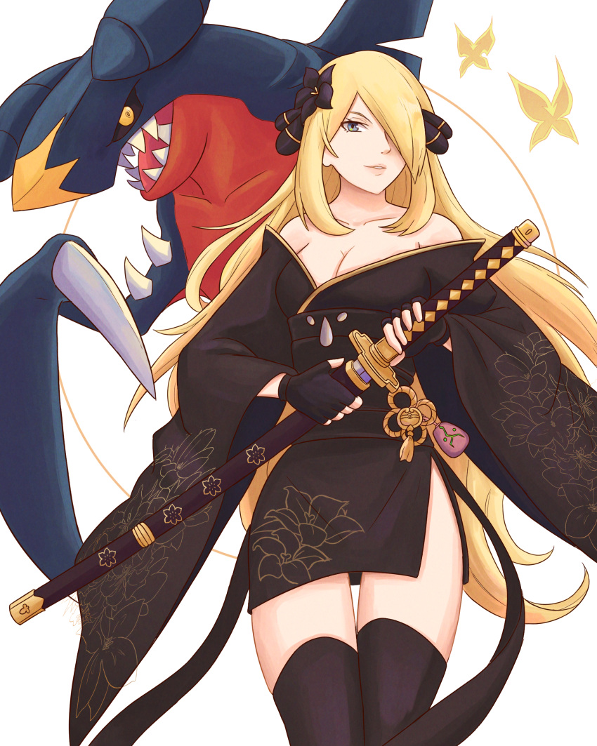 1girl absurdres alternate_costume bare_shoulders black_flower black_gloves black_kimono blonde_hair breasts cleavage fingerless_gloves flower garchomp gen_4_pokemon gloves grey_eyes hair_flower hair_ornament highres holding holding_sword holding_weapon japanese_clothes katana kimono large_breasts lips long_hair looking_at_viewer parted_lips pokemon pokemon_(creature) pokemon_(game) pokemon_dppt pokemon_legends:_arceus scabbard sheath sheathed short_kimono side_slit sword thighhighs truejekart very_long_hair weapon zettai_ryouiki