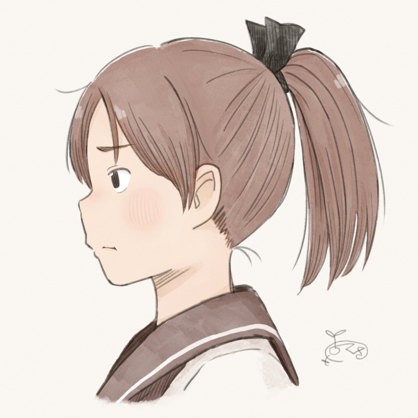 1girl blush brown_hair chii-kun_(seedyoulater) highres kantai_collection medium_hair nape ponytail profile sailor_collar shikinami_(kancolle) solo upper_body