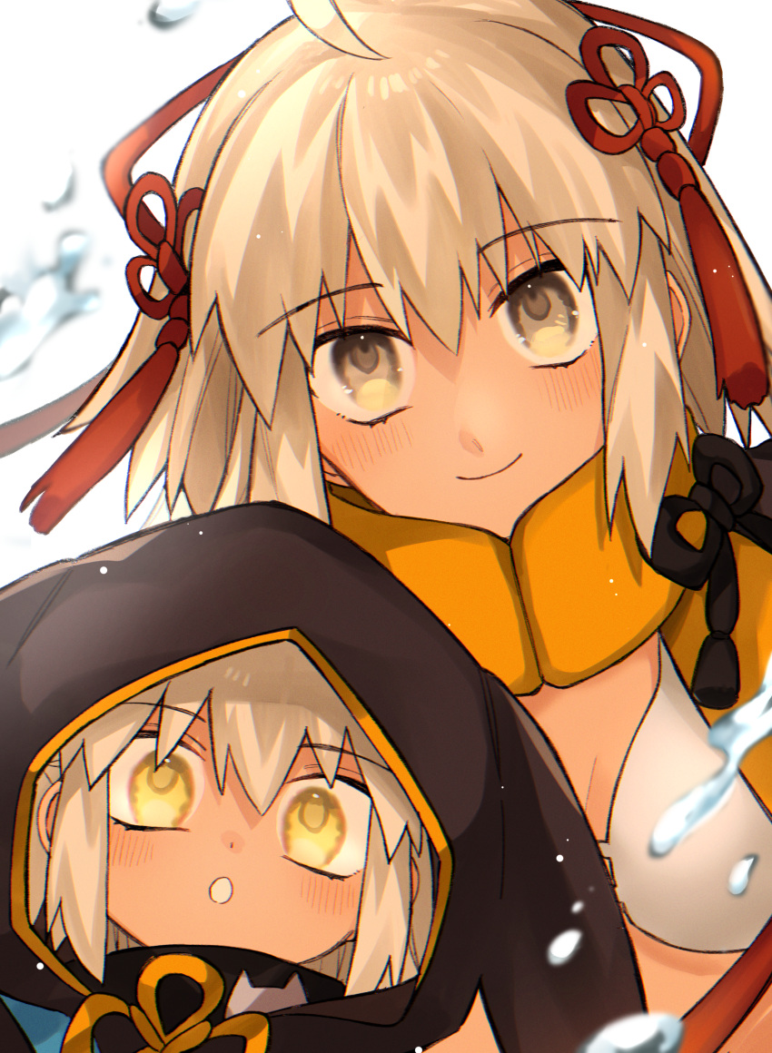 2girls absurdres ahoge bangs bikini black_jacket blush breasts cropped_jacket eyebrows_visible_through_hair fate/grand_order fate_(series) grey_eyes highres hood hooded_jacket huge_filesize jacket long_hair long_sleeves looking_at_viewer medium_breasts multiple_girls okita_souji_(alter_swimsuit_saber)_(fate) okita_souji_(fate)_(all) open_mouth orange_scarf rengoku_(fate) rope scarf shrug_(clothing) smile swimsuit tassel usamimikurage very_long_hair water_drop white_bikini white_hair