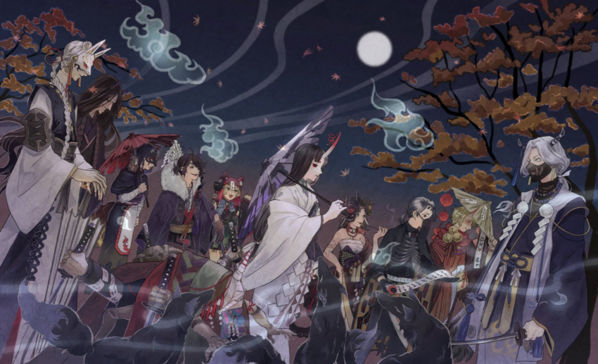 animal_costume asa_tuki_893 bell bird black_hair blonde_hair cloud demi_bourbon eli_clark eyeshadow fox_mask from_side fur ghost hakama highres holding holding_sword holding_umbrella holding_weapon horns identity_v japanese_clothes joseph_desaulniers karakasa_obake kimono leaf long_hair luca_balsa makeup margaretha_zelle mask michiko_(identity_v) moon multiple_boys multiple_girls owl paradeus pipe ponytail short_hair sidelocks smile smoke sword umbrella victor_grantz violetta_(identity_v) weapon xie_bian youkai